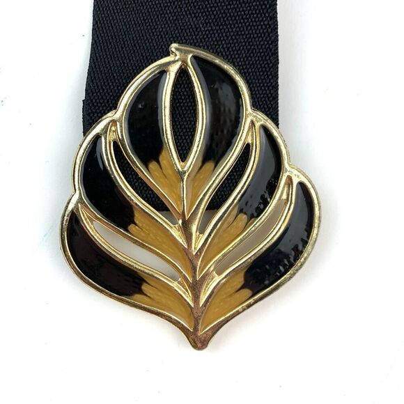 Vintage 80s Black Gold Stretch Enamel Metal Hook Clasp Peacock Feather 31" - Picture 3 of 8